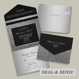 Invitación Todo En Uno Boda de purpurina plateada y negra