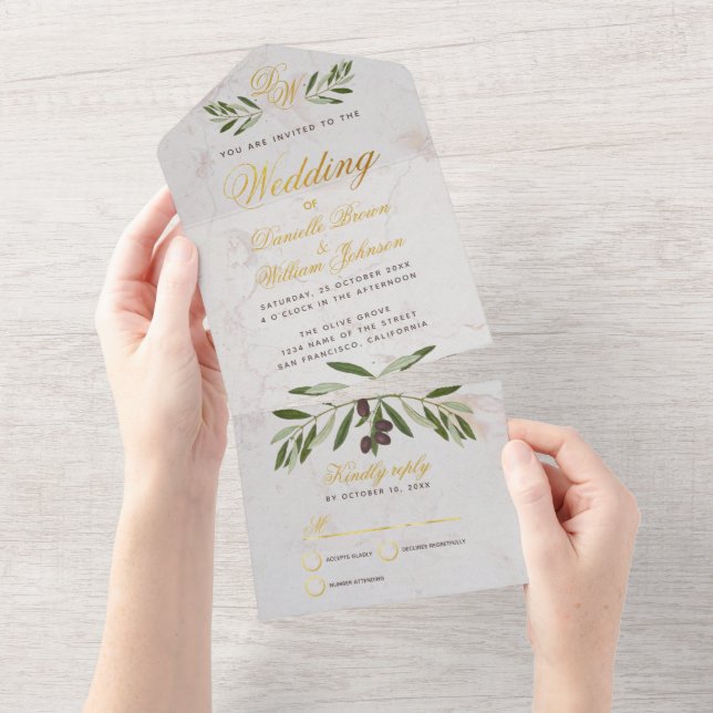 Invitación Todo En Uno Boda de ramas de olivo monograma Elegante Faux Gol (desgarro)