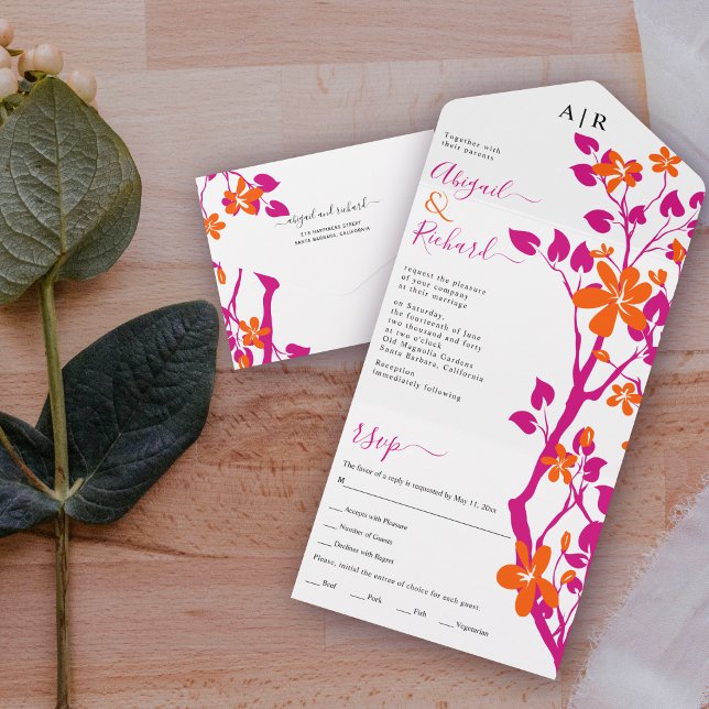 Invitación Todo En Uno Boda de ramas magenta y flores naranjas (Subido por el creador)