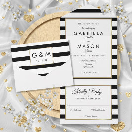 Invitación Todo En Uno Boda de raya moderna en blanco y negro y oro