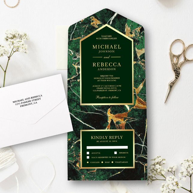 Invitación Todo En Uno Boda de Relieve metalizado dorado de Faux de Marbl (Subido por el creador)