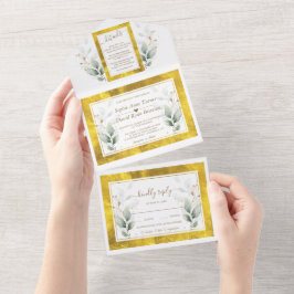 Invitación Todo En Uno Boda de Relieve metalizado dorado de Watercolor Ai