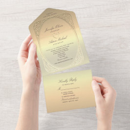 Invitación Todo En Uno Boda de Relieve metalizado dorado falso