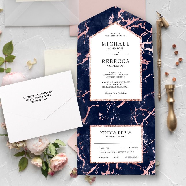 Invitación Todo En Uno Boda de Relieve metalizado dorado Rosa de Marble A (Subido por el creador)