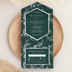 Invitación Todo En Uno Boda de remolino de plata esmeralda verde