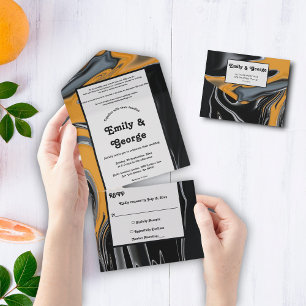 Invitación Todo En Uno Boda de resumen artístico mínimo Boho Black Gold