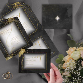 Invitación Todo En Uno Boda de resumen de oro de líneas finas V3 Black ID