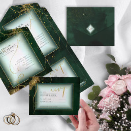 Invitación Todo En Uno Boda de resumen de oro de líneas finas V3 Emerald 