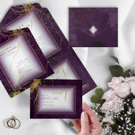 Invitación Todo En Uno Boda de resumen de oro de líneas finas V3 Plum ID8