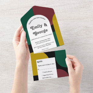 Invitación Todo En Uno Boda de resumen de oro negro verde moderno de Borg