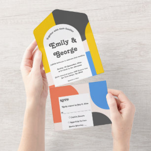 Invitación Todo En Uno Boda de resumen del Naranja azul de oro negro mode