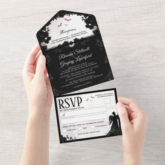 Invitación Todo En Uno Boda de romance gótico - Menú RSVP  (desgarro)