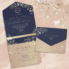 Invitación Todo En Uno Boda de Rosa Dorado y Azul Marino
