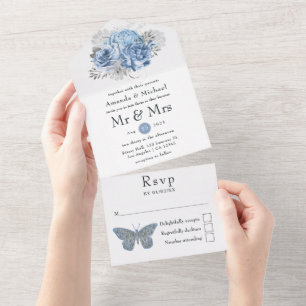 Invitación Todo En Uno Boda de Rosa Vintage Azul Pastel y Plata