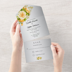 Invitación Todo En Uno Boda de Rosas Amarillas y Plata Elegantes