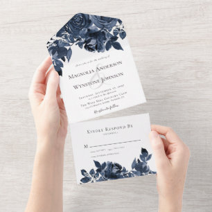 Invitación Todo En Uno Boda de Rosas azules clásicos