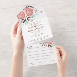 Invitación Todo En Uno Boda de Rosas de color rosa antiguo