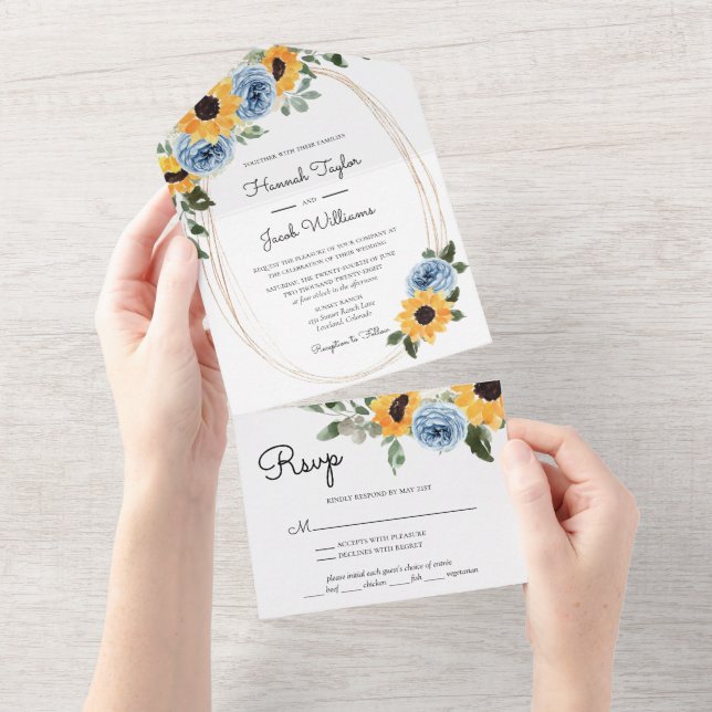 Invitación Todo En Uno Boda de Rosas de Sunflower Dusty Blue Rustic (desgarro)