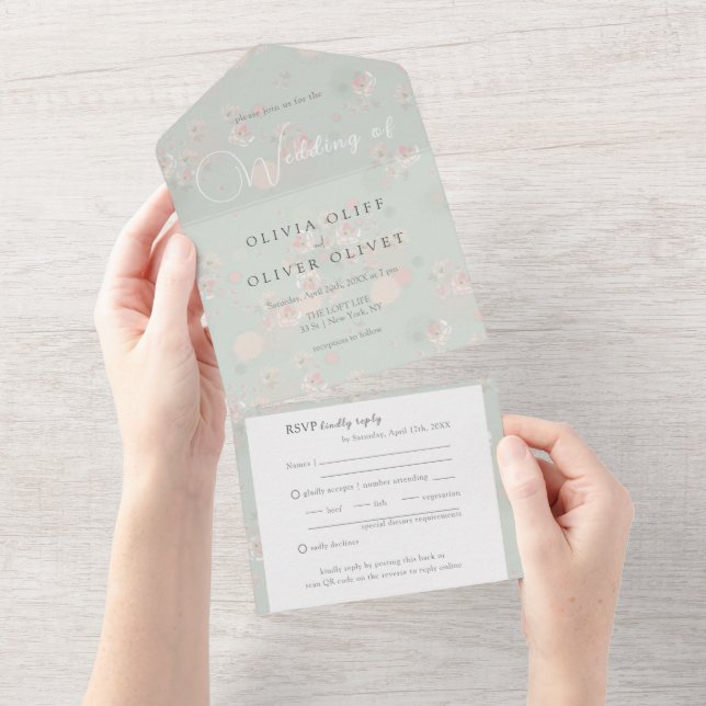 Invitación Todo En Uno Boda de Rosas de té suaves (desgarro)