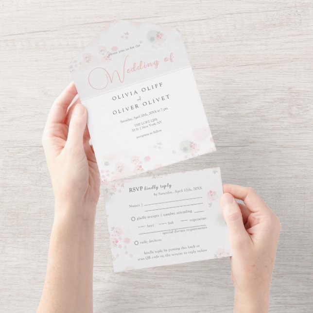 Invitación Todo En Uno Boda de Rosas de té suaves (desgarro)