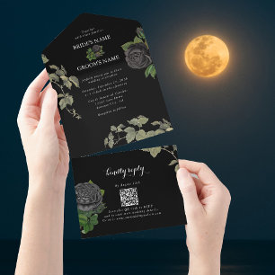 Invitación Todo En Uno Boda de Rosas negros en Halloween gótico