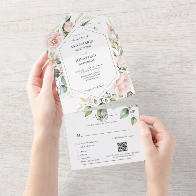 Invitación Todo En Uno Boda de rosas rosadas pálidas (desgarro)