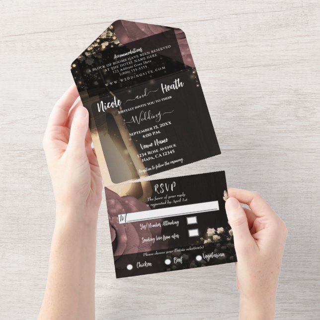 Invitación Todo En Uno Boda de Rosas Rústicos de Lantern Dusty Pink Mauve (desgarro)