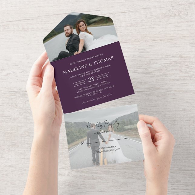 Invitación Todo En Uno Boda de RSVP por Violeta Morada Moderna 2 (desgarro)