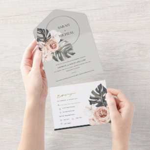 Invitación Todo En Uno BODA DE Rubor GRAY FLORAL WREATH MONSTRERA LEAF