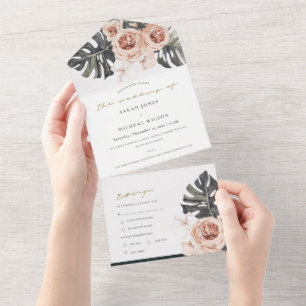 Invitación Todo En Uno BODA DE Rubor GRAY FLORAL WREATH MONSTRERA LEAF