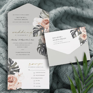 Invitación Todo En Uno BODA DE Rubor GRAY PEACH FLORAL MONSTRERA LEAF