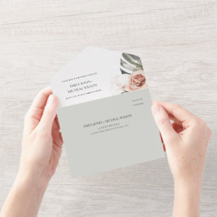 Invitación Todo En Uno BODA DE Rubor GRAY PEACH FLORAL MONSTRERA LEAF