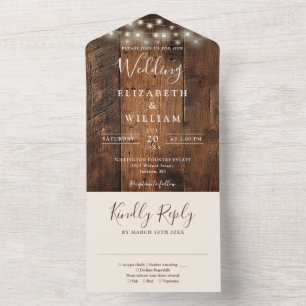 Invitación Todo En Uno Boda de Rustic Barn Wood String Lights