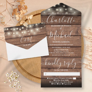 Invitación Todo En Uno Boda de Rustic Barn Wood String Lights