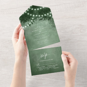 Invitación Todo En Uno Boda de Rustic Emerald Green Tree String Lights