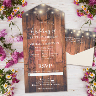 Invitación Todo En Uno Boda de Rustic Wood Antler String Lights