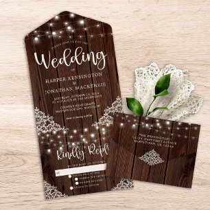 Invitación Todo En Uno Boda de Rustic Wood Lace String Lights