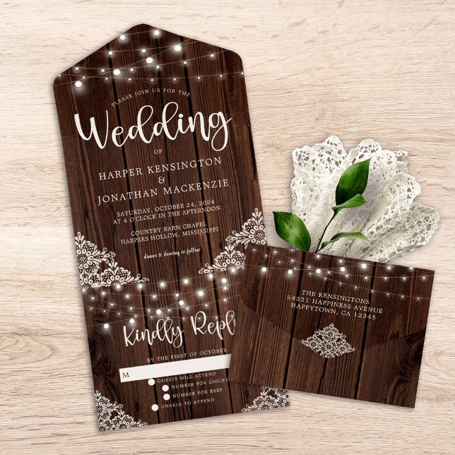 Invitación Todo En Uno Boda de Rustic Wood Lace String Lights (Rustic Wood Lace String Lights Wedding All In One Invitation)