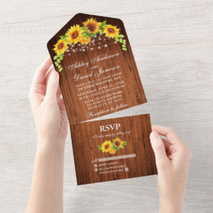 Invitación Todo En Uno Boda de Rustic Wood Sunflowers String Lights