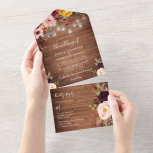 Invitación Todo En Uno Boda de Rústica Madera Borgoña Floral