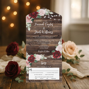 Invitación Todo En Uno Boda de Rústica Madera Borgoña Floral String Light