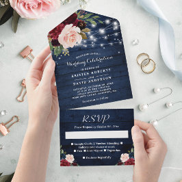 Invitación Todo En Uno Boda de Rústico Blue Burgundy Floral String Lights