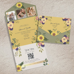 Invitación Todo En Uno Boda de sabios y girasoles amarillos