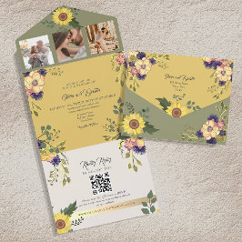 Invitación Todo En Uno Boda de Salvia y Girasoles Amarillos