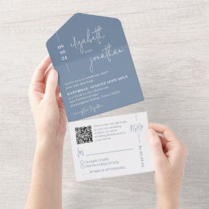 Invitación Todo En Uno Boda de script de código QR azul rígido simple