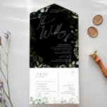 Invitación Todo En Uno Boda de sellado y envío de color negro y oro verde<br><div class="desc">Entra en un mundo de encantamiento con nuestro boda de foca negro y dorado y envía todo en una sola invitación, perfecto para tu boda botánico de primavera. Decorado con sabrosos eucaliptos verdes y acentos dorados, esta invitación desprende elegancia y fantasía. Imagínese pasear por un mágico jardín de verano, rodeado...</div>