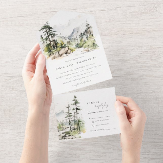 Invitación Todo En Uno Boda de Sketch de paisajes de montaña Soft Woods (desgarro)