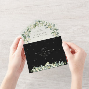 Invitación Todo En Uno Boda de Snowberry negro/crema + Eucalipto