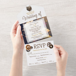 Invitación Todo En Uno Boda de Steampunk, Flowers y Feathers