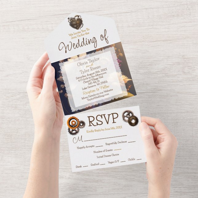 Invitación Todo En Uno Boda de Steampunk, Flowers y Feathers (desgarro)